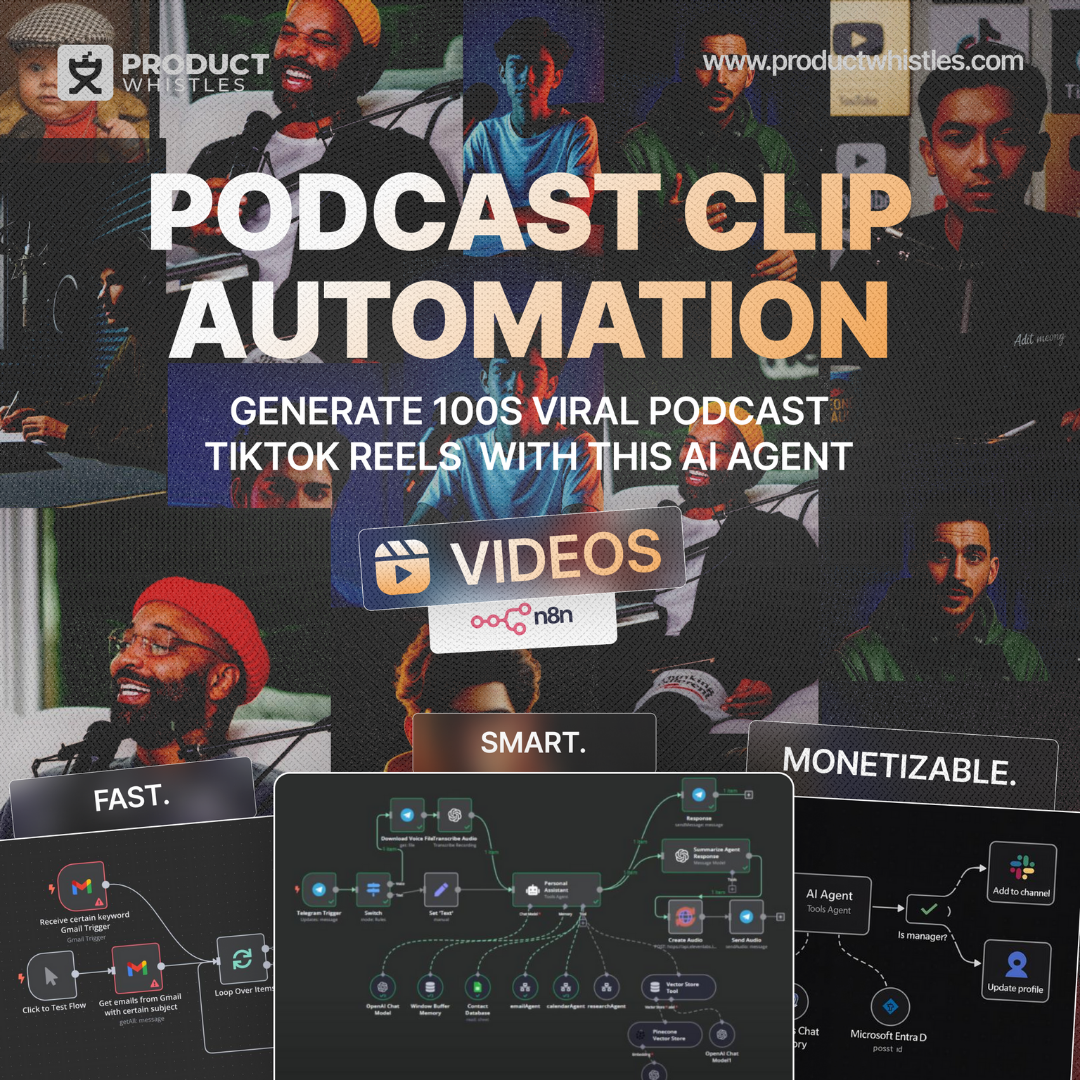 podcast n8n 1 AI Podcast Clip Automation | Viral Podcast Reels Generator | TikTok & YouTube Shorts System | n8n Template | No Code Required - Image 1