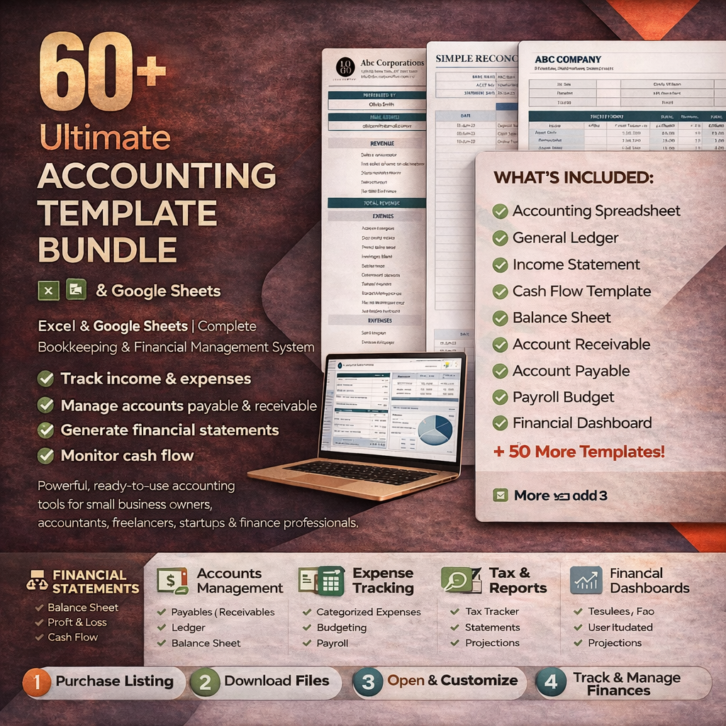 60+ accounting template bundle overview 60+ Accounting Templates Excel & Google Sheet | Small Business Profit & Loss, Balance Sheet & Cash Flow Tracker - Image 1