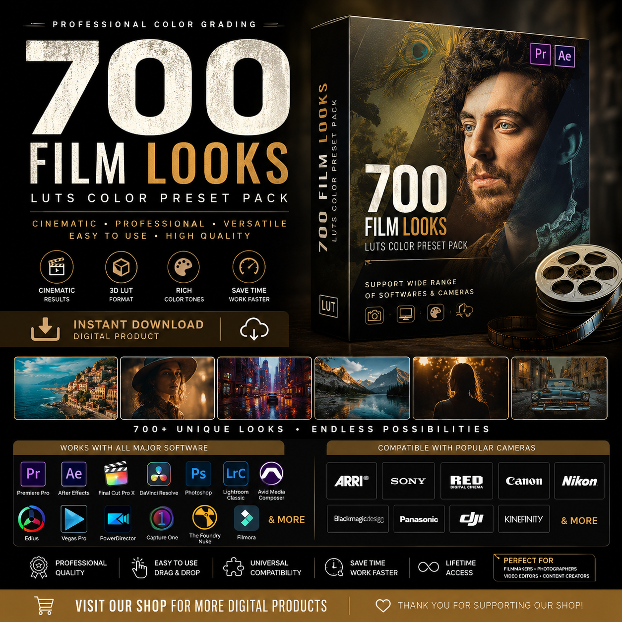 Cinematic color grading LUTs preset pack 700 Film Looks LUT Pack | Cinematic Color Grading Presets | Video & Photo LUTs | Premiere Pro Lightroom DaVinci Resolve LUTs - Image 1