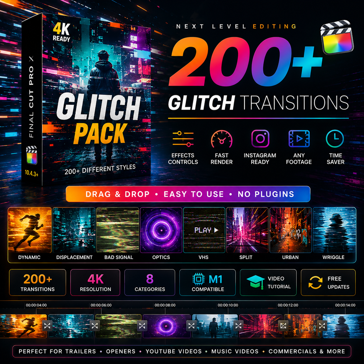 Glitch transitions pack promo design 200+ Glitch Transitions for Final Cut Pro X | FCPX Transition Pack | VHS Bad Signal Urban Effects | YouTube Video Editing Assets - Image 1